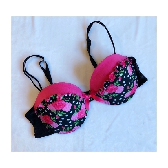 Hot Pink/Black Ruffled Padded Bra - Sz 36D - Picture 1 of 6